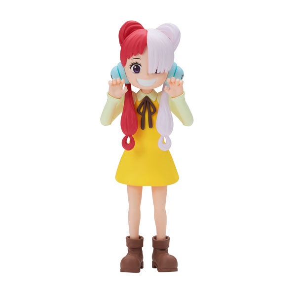 The Bandai One Piece Film Red DXF The Grandline Series - Uta Children figurine features an anime-style character with red and white hair, dressed in a yellow dress and brown boots, striking a playful pose with hands shaped like cat paws and a cheerful expression.