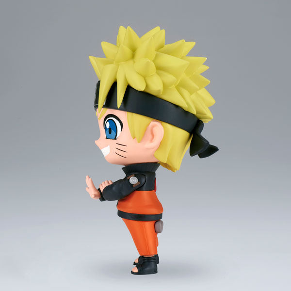 Bandai's Naruto Shippuden Repoprize - Uzumaki Naruto figure features a chibi-style design with spiky yellow hair, dressed in an orange jumpsuit and a black headband adorned with a silver plate. The figure showcases bright blue eyes and a playful grin, posed dynamically while forming a seal with its hands.