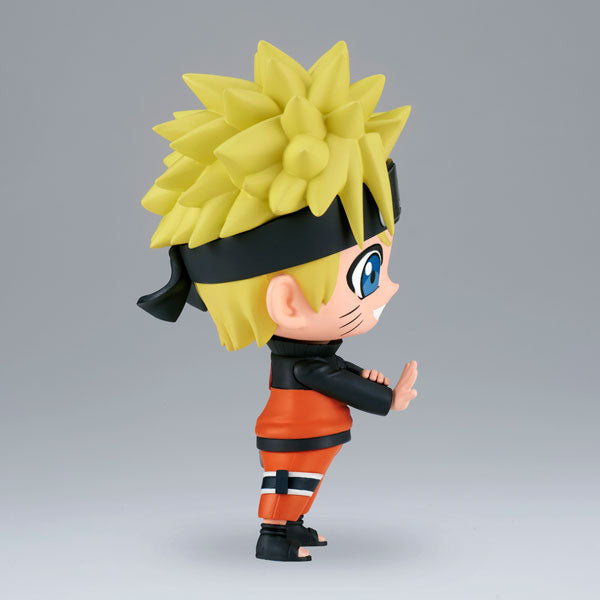 Bandai's Naruto Shippuden Repoprize - Uzumaki Naruto figure features a chibi-style design with spiky yellow hair, dressed in an orange jumpsuit and a black headband adorned with a silver plate. The figure showcases bright blue eyes and a playful grin, posed dynamically while forming a seal with its hands.