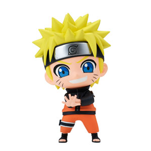 Bandai's Naruto Shippuden Repoprize - Uzumaki Naruto figure features a chibi-style design with spiky yellow hair, dressed in an orange jumpsuit and a black headband adorned with a silver plate. The figure showcases bright blue eyes and a playful grin, posed dynamically while forming a seal with its hands.