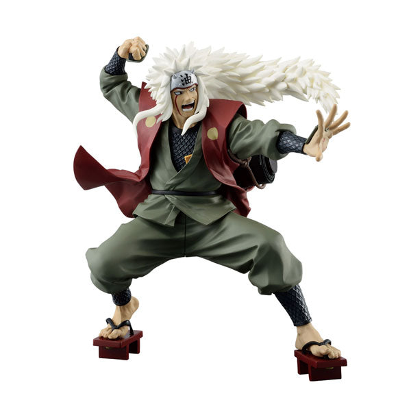 Introducing the Naruto Shippuden Banpresto Figure Colosseum - Jiraiya by Bandai: This dynamic figurine captures a warrior with long white hair dressed in a green outfit and red vest, posed in an intense battle stance. Standing on wooden sandals, the character's fierce expression and outstretched arm convey a powerful presence.