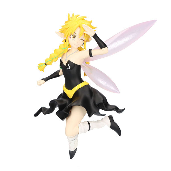 The Bandai figurine from "That Time I Got Reincarnated as a Slime" features the character Ramiris. She has striking yellow braided hair and pointed ears, complemented by a black dress adorned with a yellow belt. The figure also showcases translucent fairy wings and white boots, capturing Ramiris in an animated pose as she steps forward with one arm raised to her forehead.