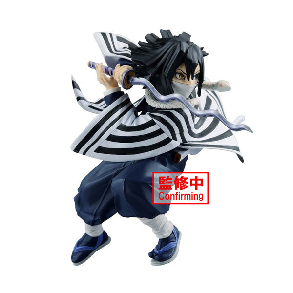 Obanai Iguro from the Bandai Demon Slayer: Kimetsu no Yaiba Vibration Stars series is depicted wearing dark attire and a black and white striped shawl, holding a sword with a snake coiled around his shoulders. Red text overlay reads "Confirming.