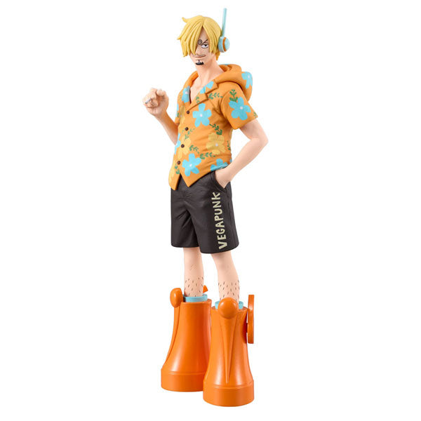 The Bandai's One Piece DXF The Grandline Series - Egghead Sanji features an animated character with blond hair and glasses, dressed in an orange floral shirt, black shorts emblazoned with the word "VEGAPUNK," and large orange boots.