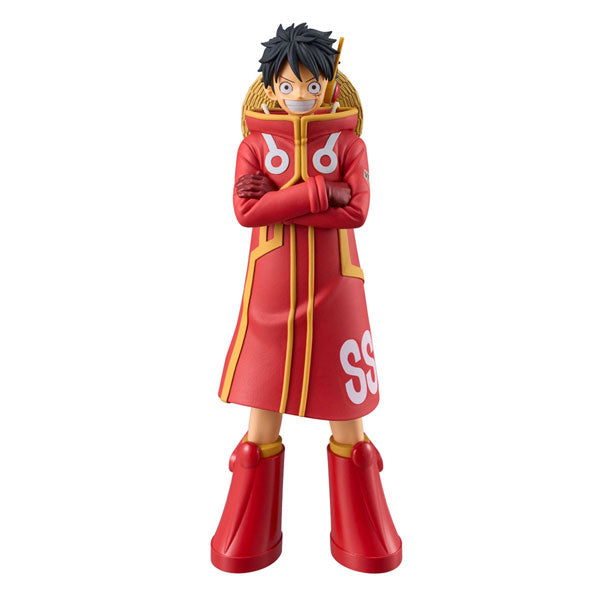 Introducing the One Piece DXF The Grandline Series - B: Egghead Monkey D. Luffy by Bandai, featuring an animated character with spiky black hair, a determined expression, a long red coat accented with yellow, large red boots, arms crossed, and a straw hat on their back.