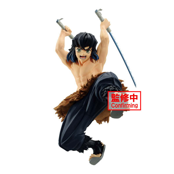 A dynamic action figure from Bandai's Demon Slayer: Kimetsu no Yaiba Vibration Stars collection, featuring Inosuke Hashibira. The shirtless figure is captured mid-leap, wielding two swords with a fierce expression, and dressed in fur-like pants with wild hair. A red Confirmed label is displayed on the image.