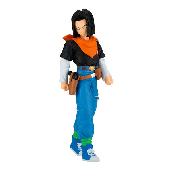 This Bandai action figure, "Dragon Ball Z Solid Edge Works - Android 17," features a character dressed in a black shirt, orange scarf, blue pants, and green socks with blue sneakers. It includes detailed accessories such as a belt with pouches and showcases a confident expression.