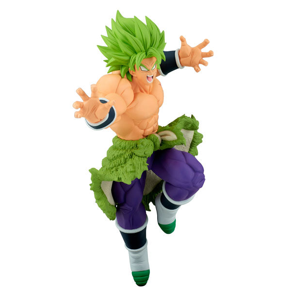 Here is a rewritten version of the sentence using the given product data:

The Bandai Dragon Ball Super Match Makers action figure depicts Super Saiyan Broly, featuring his muscular build, green spiky hair, purple pants, and a green sash. The figure captures an action pose with arms extended and a determined expression.