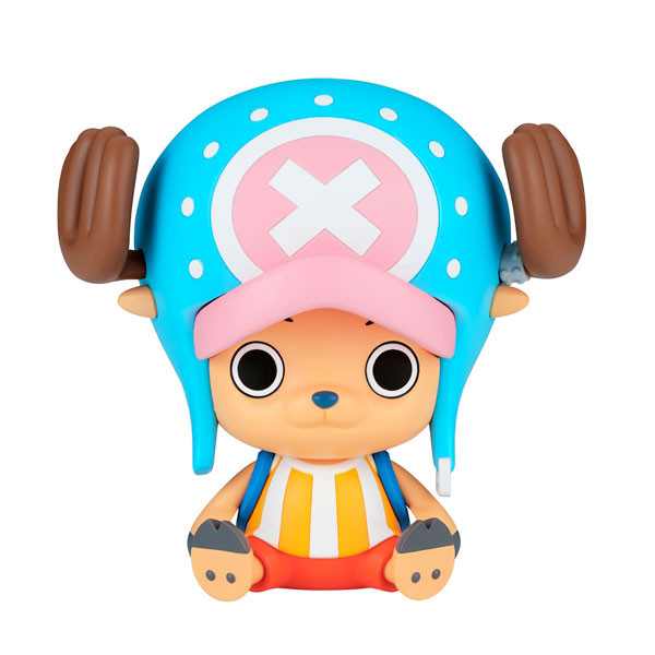 Introducing the One Piece Sofvimates - Chopper Fish-Man Island Version by Bandai: This adorable cartoon figure showcases a large blue hat with a pink circle and a white X, complemented by round ears on the sides. The character boasts big eyes, a compact body, and an outfit characterized by orange and yellow stripes paired with red pants.