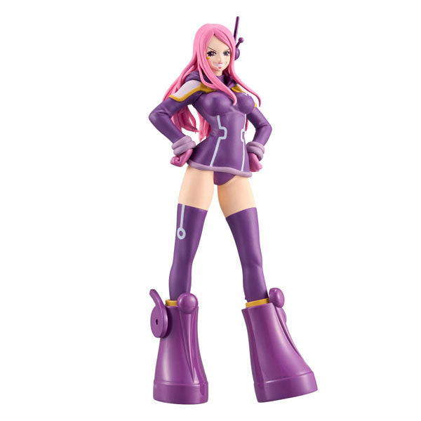 The Bandai One Piece DXF The Grandline Series - Egghead Jewelry Bonney showcases a female figurine with long pink hair, adorned in a purple outfit. She wears tall purple boots and is accessorized with a headset, demonstrating confidence as she stands with her hands on her hips against a plain white background.