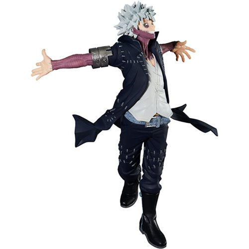 The My Hero Academia The Evil Villains Vol.7 Dabi Figure Statue by Bandai showcases Dabi in a dynamic pose with spiky white hair and arms outstretched. Wearing a black coat, dark pants, and a white shirt, this figure is part of the Evil Villains Vol. 7 collection and includes features like dark boots and wrapped forearms for added style.