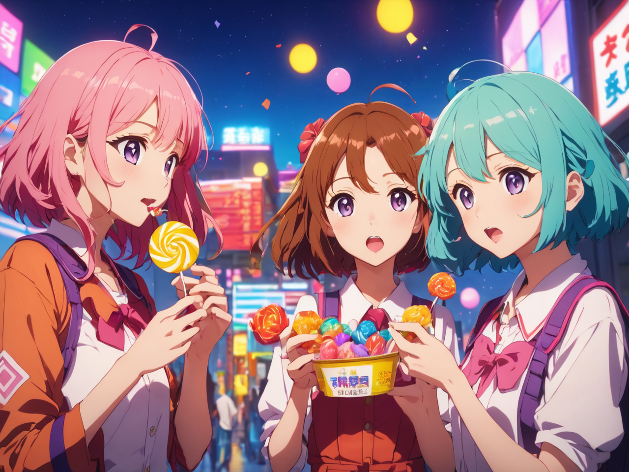 Anime picture of 3 anime themed girls eating candy. Linked to Asian Snacks section